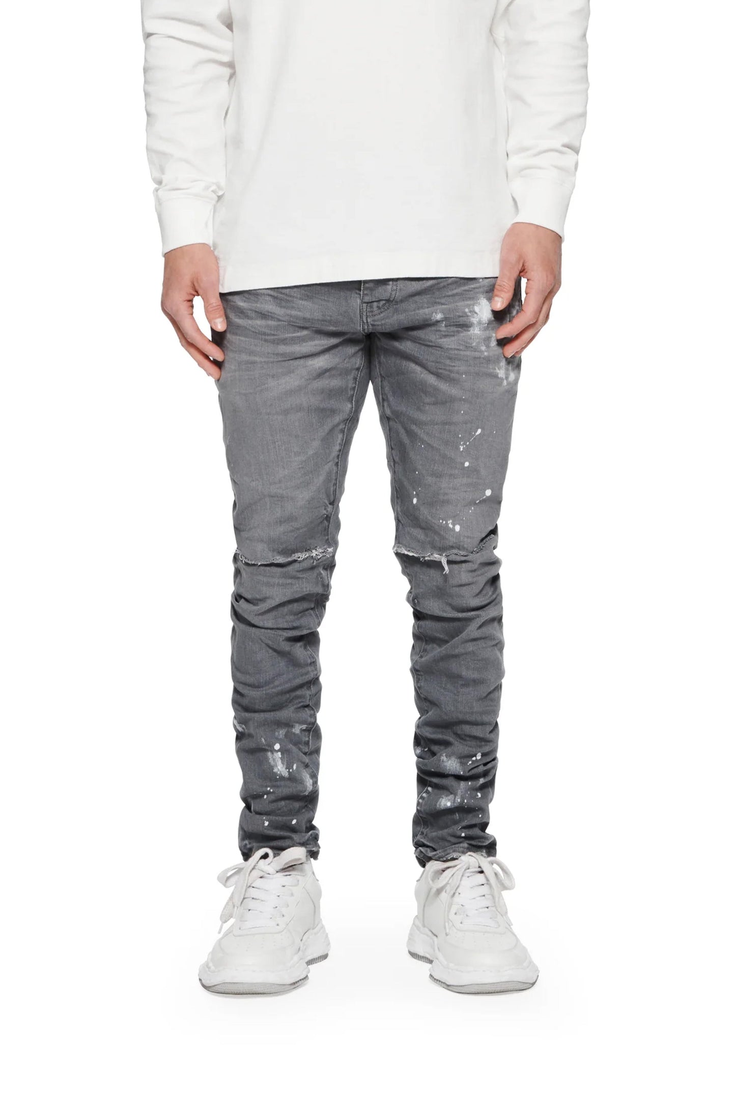 Purple - P001 Worn Grey Knee Slit Jeans - Clique Apparel